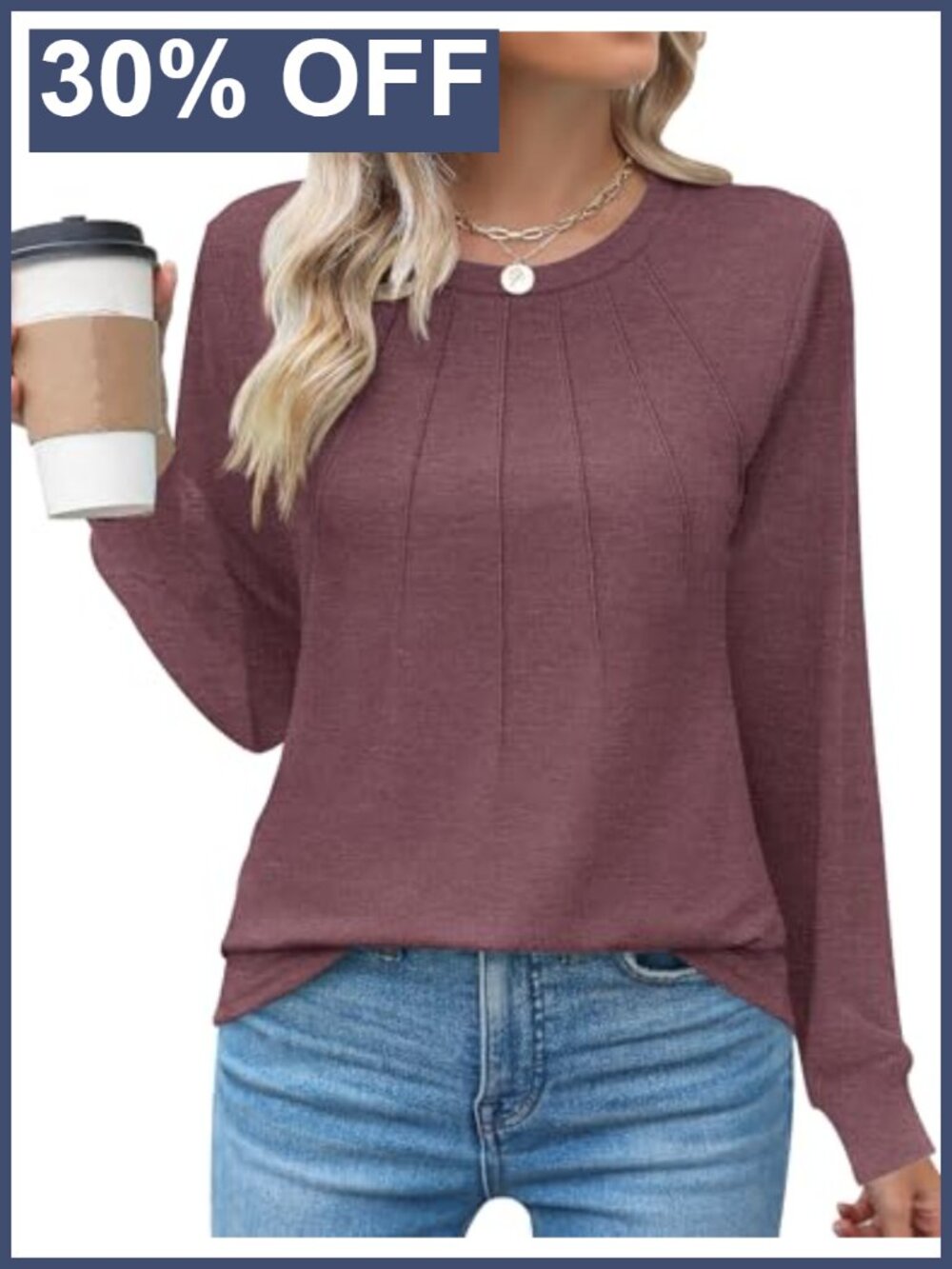 Women's Long Sleeve Pleated Crew Neck Tunic Blouse Dressy Casual